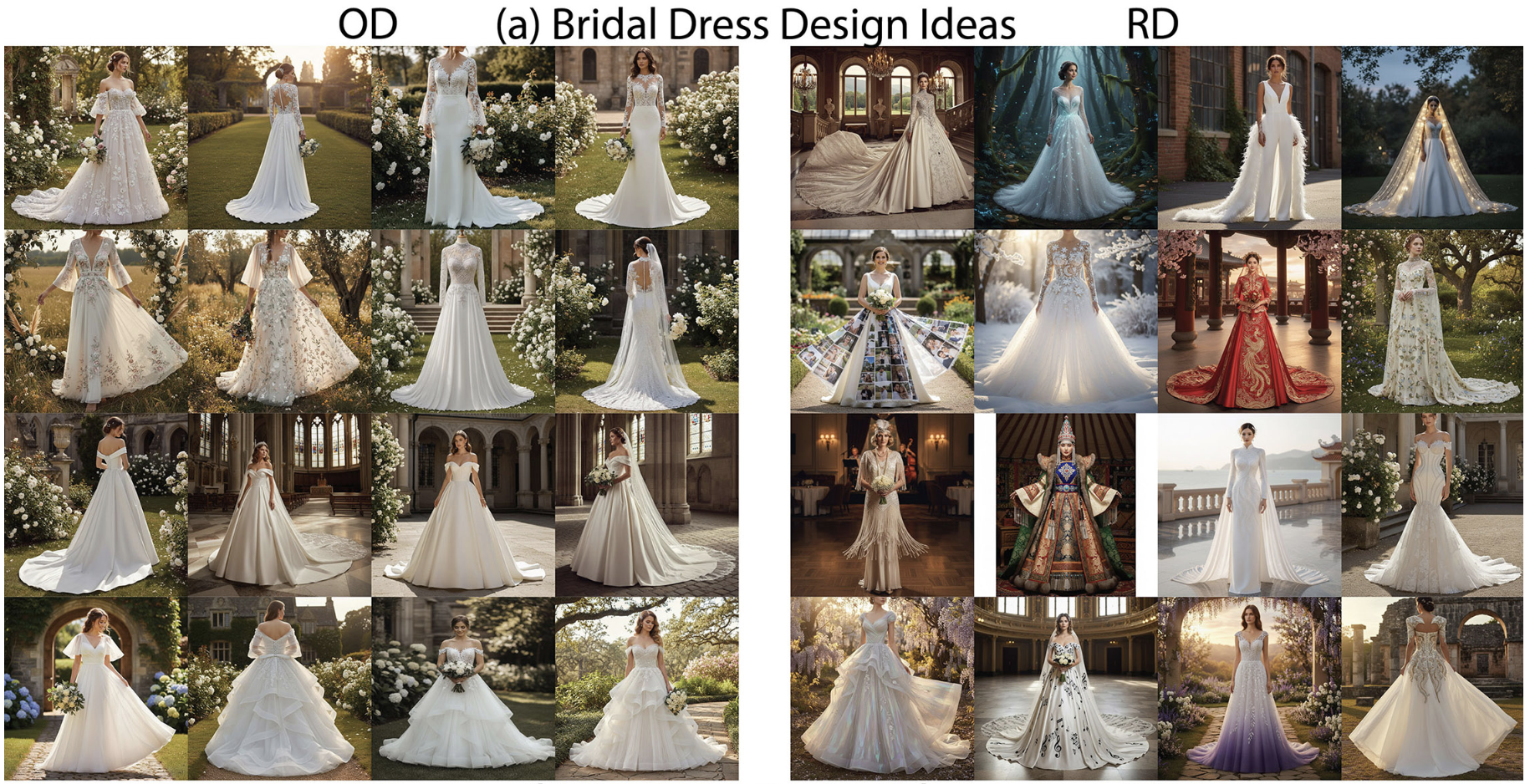 Bridal dress design ideas generated by an LLM without (left) and with (right) Recoding-Decoding, rendered by Nano-Banana. From Luo, King, Puett & Smith (2026), p. 8.
